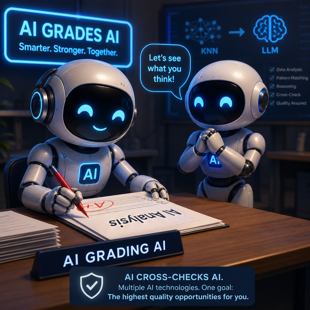 Illustration of two AI systems reviewing the same analysis